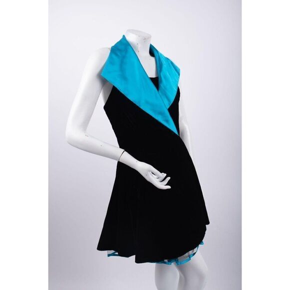 La Glo 1980s Vintage Velvet Rocker Halter Dress Collared Blue Women's Small - Picture 2 of 6